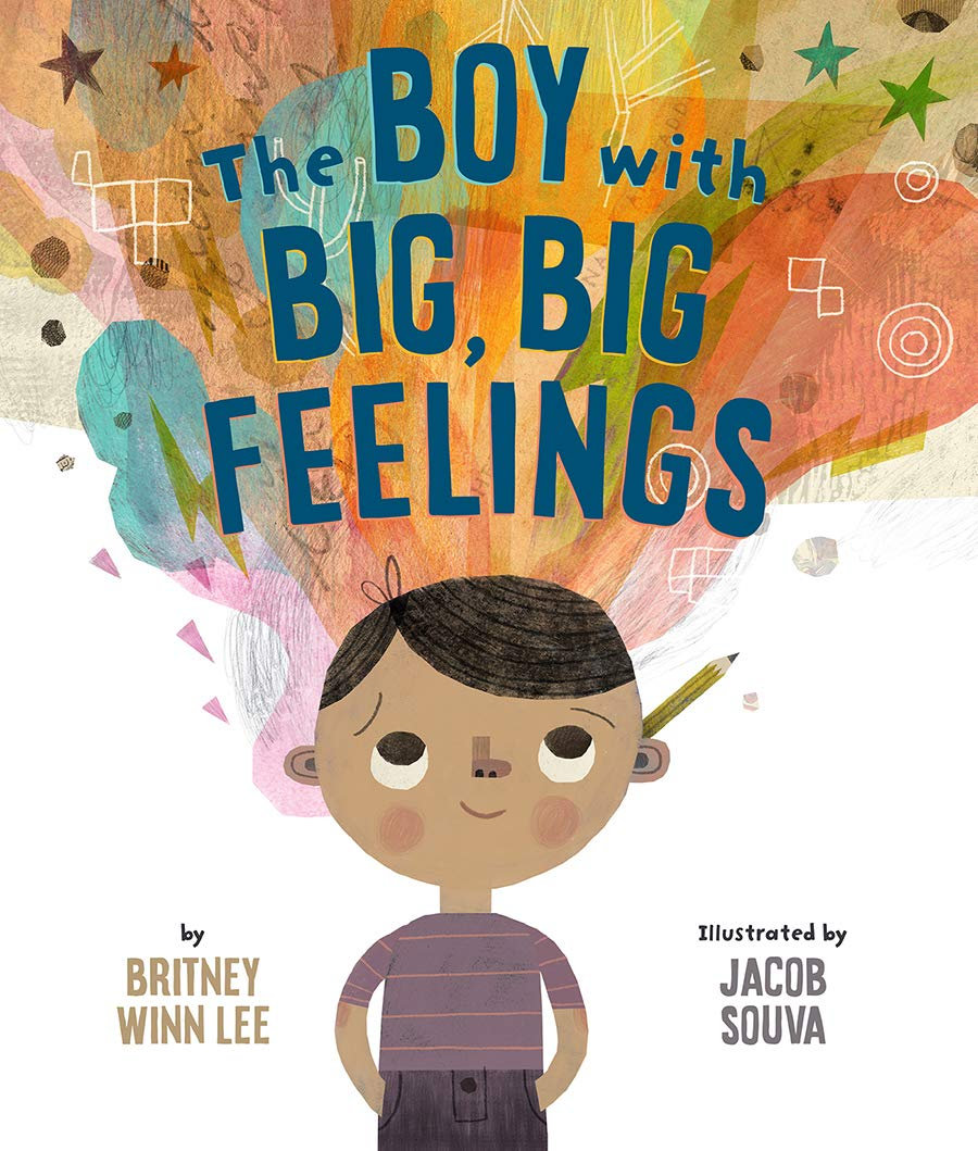 The Boy with Big, Big Feelings book cover. Features a young boy with light brown skin. He wears a purple t-shirt with thin orange stripes and darker purple pants. From his head, a colourful cloud of emotions, shapes and stars errupts. His gaze is towards this cloud above him. He smiles. Behind his ear is a pencil. 